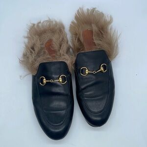 Gucci Black Leather Calfskin Fur lined Princetown horsebit loafers 37.5